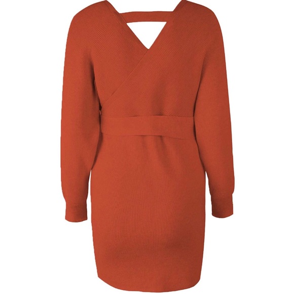 V Neck Wrap Knit Long Sleeve Casual Sweater Dress - Picture 6 of 7
